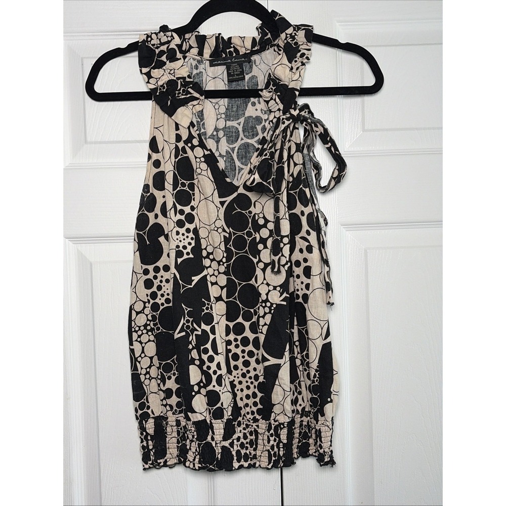 Marina Luna Ruffle Neck Smocked Tank Womens Size L Black Ivory Linen Blend Chic